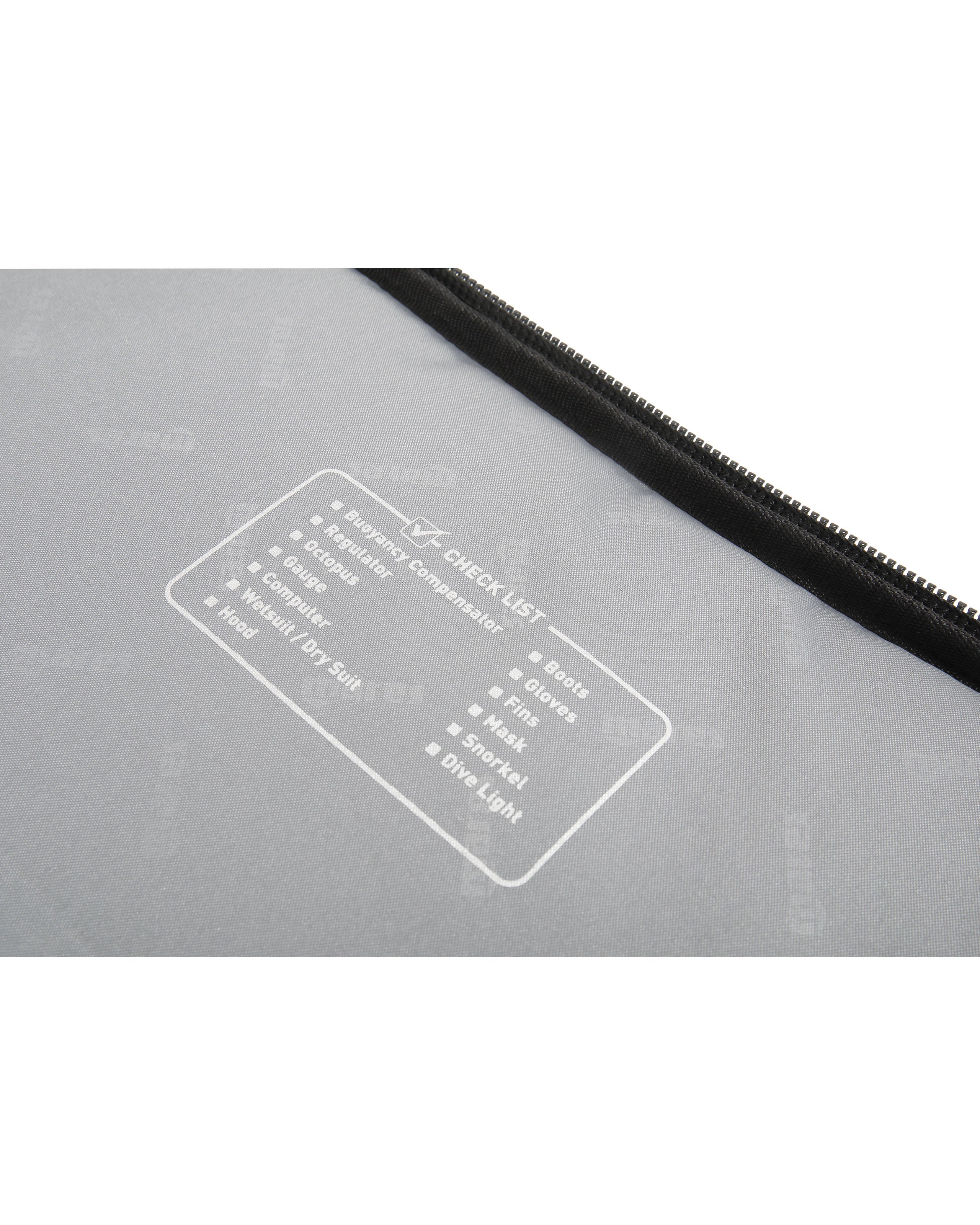 Gray pouch with a black zipper and white text on a white background