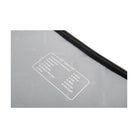 Gray pouch with a black zipper and white text on a white background