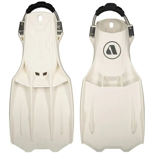A pair of white Apeks RK 4 scuba diving fins with adjustable straps and stainless steel hinges.
