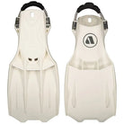 A pair of white Apeks RK 4 scuba diving fins with adjustable straps and stainless steel hinges.