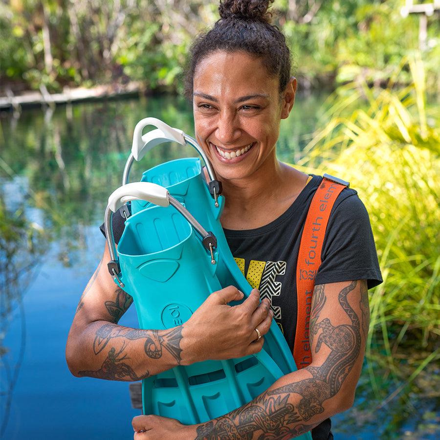 Tech Fins Fourth Element Aqua Blue with a Diver