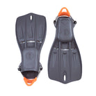 A pair of blue Tech Fins designed for scuba diving, featuring a vented blade and spring straps.