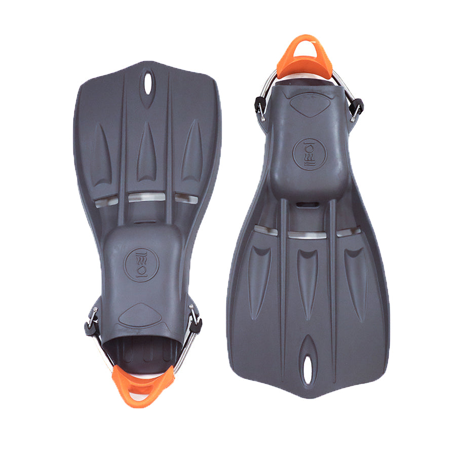 A pair of blue Tech Fins designed for scuba diving, featuring a vented blade and spring straps.