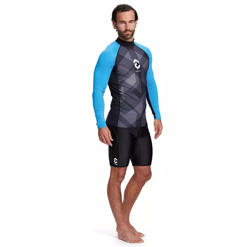 Men's DYNAMICNORD Rashguard with blue sleeves and geometric design, perfect for UV protection in watersports.